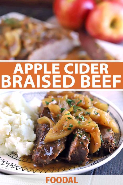 Upgrade your comfort food repertoire with tender and delicious apple cider braised beef. This slow-cooked dish features rich flavors accented by fresh apples to make for a showstopping entree. The meat just melts in your mouth with standout fall flavors! Read more now. #foodal #fallrecipes #apples #dinnerideas #beef Apple Cider Braised Brisket, Fall Entrees, Braised Beef Recipes, Steak Marinades, Progressive Dinner, Beef Brisket Recipes, Drink Inspiration, Fall Comfort Food, Brisket Recipes