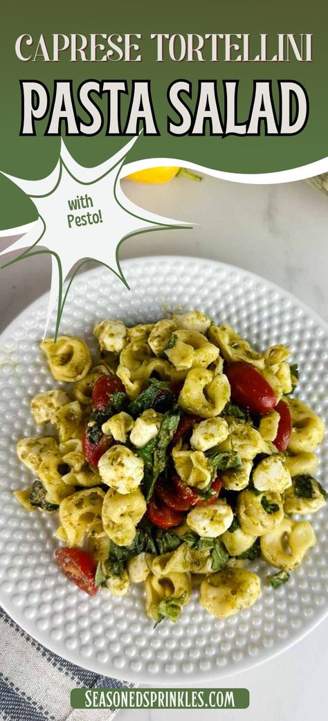 Caprese tortellini pasta salad with pesto is a fresh take on pesto pasta salad. Pillowy cheese tortellini gets tossed with lemon pesto, sweet cherry tomatoes, fragrant basil, and creamy mozzarella for a delicious cold pasta dish you'll love! #pasta #pastasalad #tortellini #tortellinipastasalad #caprese #pesto #recipe Pasta Salad Pesto Cold, Caprese Tortellini, Pasta Salad With Pesto, Balsamic Chicken Pasta, Pesto Tortellini Salad, Tortellini Pasta Salad Recipes, Pasta Salad For Kids, Cold Pasta Dishes, Tortellini Pasta Salad