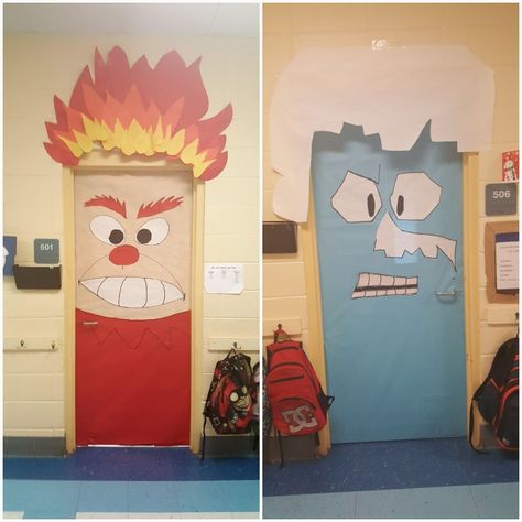 Heat Miser Snow Miser Christmas doors Heat Miser And Snow Miser Door Decorations, Heat Miser Door Decorations, Heat Miser And Snow Miser Decorations, Heat Miser And Snow Miser, Christmas Movie Door Decorating Contest, Snow Miser, Christmas Concert Ideas, Heat Miser, Winter Classroom Decorations