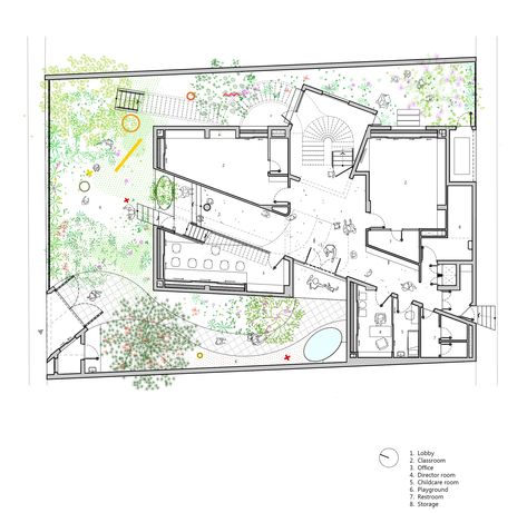 Kindergarten Architecture, Nursery Planning, Kindergarten Projects, Damselflies, Kindergarten Design, Color Plan, School Plan, Architectural Floor Plans, Architecture Design Sketch