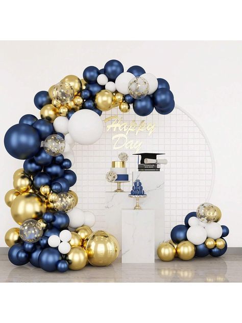 Package contains: 72pcs navy blue balloons (45pcs 5", 25pcs 12", 2pcs 18"), 51pcs white balloons (35pcs 5", 15pcs 12", 1pc 18"), 40pcs metallic chrome gold balloons (25pcs 5", 15pcs 10"), 10pcs gold confetti balloons (12"), 1pc gold foil balloon (18"), 1pc balloon decoration strip (16"), 1pc dot glue and 2pcs ribbons (32"). Premium quality: The balloons are made of high-quality latex. They are easy to blow up, and can be filled with both air or helium. They are thick enough to last a long time a Blue Gold Balloons, Marble Balloons, Graduation Party Backdrops, Gold Graduation Party, Gold Foil Balloons, Sweet 16 Decorations, Gold Backdrop, White Confetti, Gold Confetti Balloons