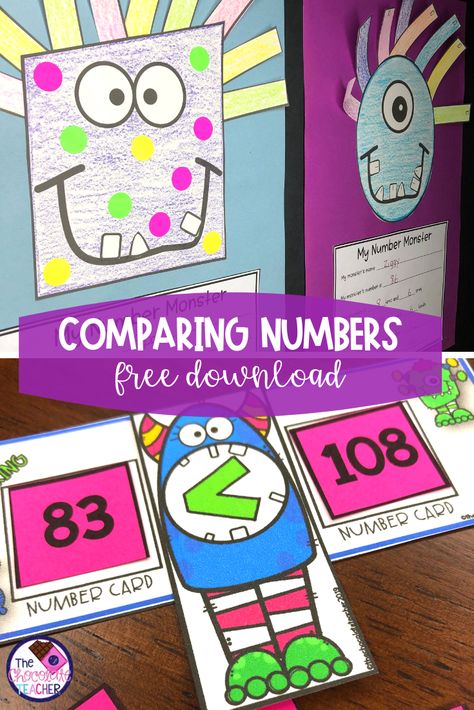 Comparing numbers with first grades can be tricky! This fun unit will have your students practicing greater than and less than with numbers 1-120. This freebie unit contains number cards and several hands-on activities to work with ten blocks and the math symbols for greater than and less than. It's common core aligned and perfect for small group work, centers, rotations, or stations. Recording sheets and a fun monster craft complete this 1st grade unit! {place value} #firstgrademath Groups Of 10 First Grade, Greater Than Less Than Craft, Greater Than Less Than First Grade, Comparing Numbers Anchor Chart, Greater Than Less Than Activities, Comparing Numbers Activities, Numbers Activities, Math Symbols, Greater Than Less Than