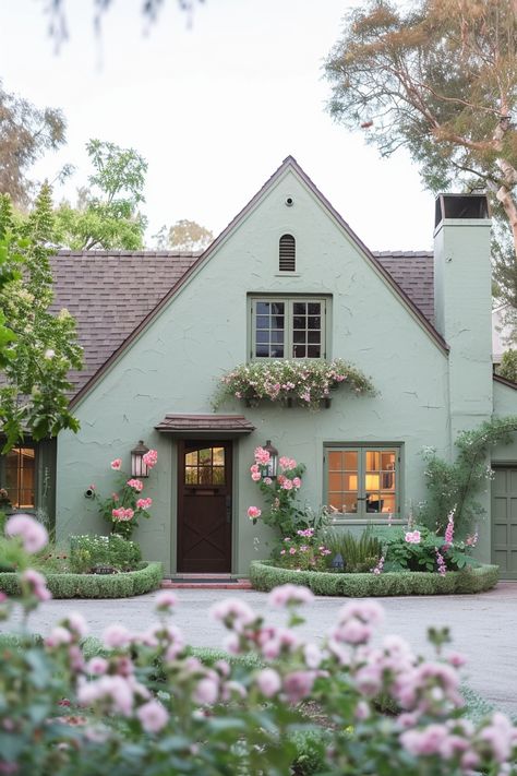 100+ Fresh Green Home Exteriors for Max Curb Appeal English Cottage Exterior Colors, Green Colored House Exterior, White House Green Trim Exterior, Light Green House, Green Home Exterior, Exterior Cottage, Cottage Exterior Colors, Green Exterior House Colors, Green House Exterior