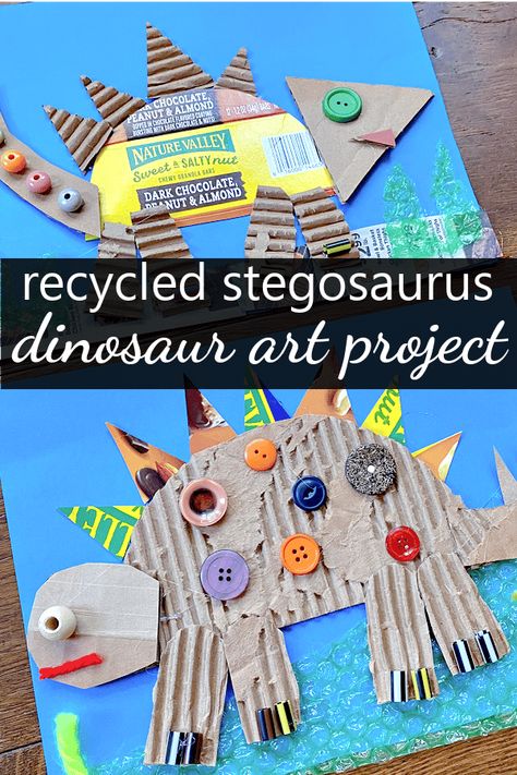 Dinosaur Recycle Project, Loose Parts Dinosaurs, Kids Dinosaur Art, Dinosaur Craft Elementary, Stegasorus Dinosaur Craft, Recycled Dinosaur Project, Dinosaur Art For Kindergarten, Dinosaur Art Kindergarten, Reggio Dinosaur Provocations