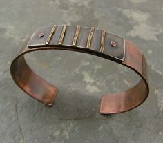 Cuff | Thomasin Durgin. Copper, sterling silver and brass. Rivet Jewelry, Metal Jewelry Making, Copper Bracelets, Silver Jewelry Diy, Copper Jewellery, Copper Cuff Bracelet, Jewelry Men, Mixed Metal Jewelry, Metal Bracelet