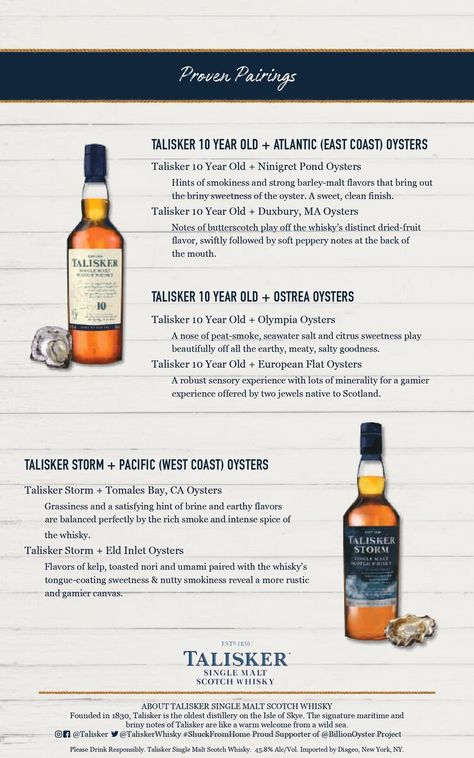 The Best Oyster & Talisker Whisky Pairings — In A Half Shell Talisker Whisky, Best Oysters, Fisher Island, Food Pairing, Flavor Combinations, Fresh Oysters, Baby Knits, Food Pairings, Flavor Profiles