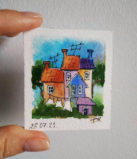 100% Original miniature watercolor painting.                                                                                                                                                            Written with lightfast transparent watercolor on 300g / m2 acid-free watercolor paper, 100% cotton. This painting is NOT framed. It will need to be issued for glass.                                              Quality delivery with track number Tiny Paintings Ideas Simple, Watercolor House Painting Simple, Watercolor Buildings Easy, Simple Watercolor Ideas, Tiny Watercolor Paintings, Miniature Watercolors, Small Watercolor Paintings, Miniature Watercolor Paintings, Mini Watercolor Paintings