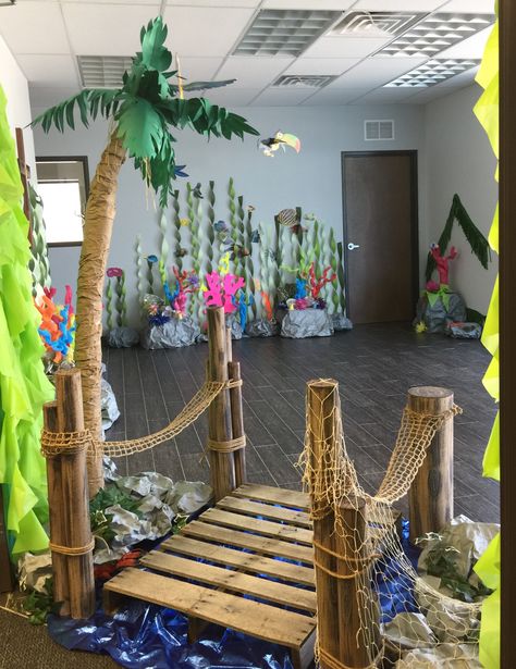 Beach Theme Entryway, Diy Island Party Decorations, Island Theme Decorations, Thunder Island Vbs Decorations, Island Getaway Prom Theme, Treasure Island Decorations, Neverland Backdrop, Thunder Island Vbs 2024, Jungle Cruise Decorations