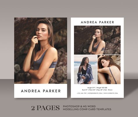 Ad: Modeling Photo Card Template MC001 by Draca Design Co on @creativemarket. BEAUTIFUL & MINIMALIST MODELING COMP CARD TEMPLATES in Photoshop and MS Word WHAT YOU GET - 2 PAGES of Adobe Photoshop templates (.PSD) #creativemarket Com Card Model, Model Comp Card Templates, Compcard Model Comp Card, Model Profolio, Comp Card Ideas Models, Casting Outfit, Modeling Digitals, Model Portfolio Examples, Model Comp Card