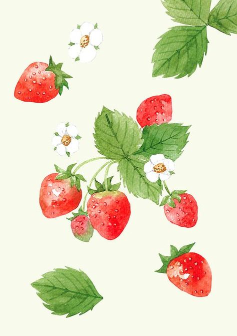 Strawberry Drawing, Strawberry Nails, Vine Drawing, Strawberry Watercolor, Strawberry Plant, Kawaii Strawberry, Strawberry Art, Strawberry Leaves, Flower Mural