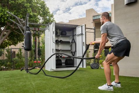 Shred Shed™ - Outdoor Gym - BeaverFit USA Gym Corner, Pull Up Station, Backyard Gym, Portable Shade, Rope Climb, Locker Designs, Portable Gym, Gym Interior, Training Facility