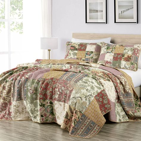 PRICES MAY VARY. 100% Cotton Imported Delaney 3-Piece Floral Patchwork Vintage Quilt Set Includes: 1 Quilt, 2 Shams King Size Measurements: Quilt 106" x 94", reversible quilt; Shams 20" x 36" A combination of floral prints further embellish the vintage washed patchwork design making it more charming and elegant. The beautiful quilt set makes a perfect centerpiece for your bedroom décor. 100-percent cotton cover and fill; providing breathable comfort, lightweight and versatile, suitable for year- Earthy Quilt Color Schemes, Quilt For Bed, Green Quilt Bedroom, Quilt Beds, Patchwork Bedding, Target Bedding, Boho Bedding Sets, King Quilt Sets, Cotton Quilt Set