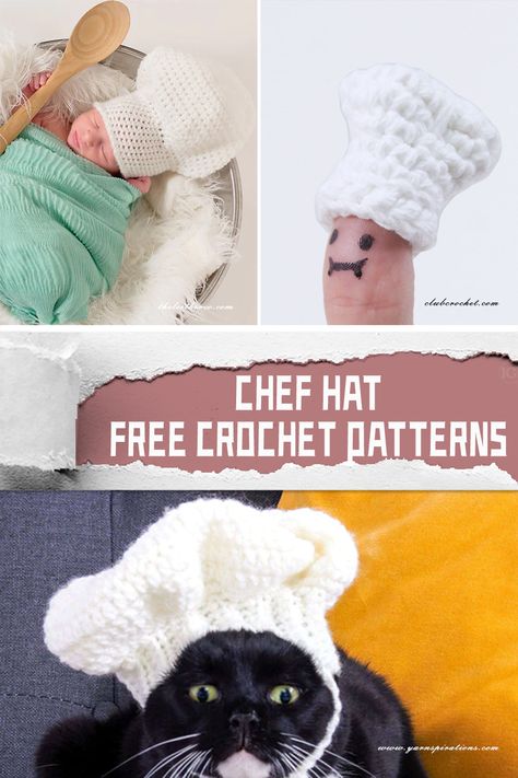 FREE Chef Hat Crochet Patterns - iGOODideas.com Mini Chef Hat Crochet Pattern, Crochet Chef Hat Pattern Free, Crochet Doll Hats Free Pattern, Crochet Chef Hat, Hat Crochet Patterns, Pizza Hat, Hat Patterns Free, Crochet Keychain Pattern, Crochet Hats Free Pattern