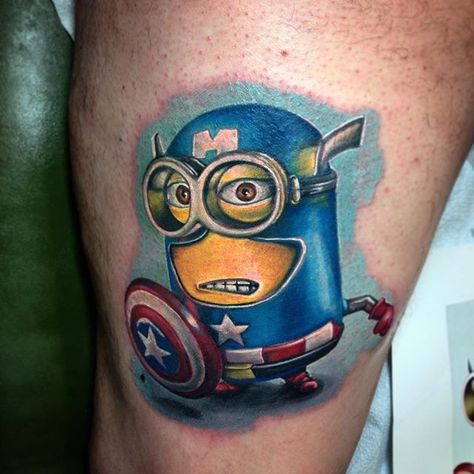 Minions Captain America Tattoo, Minion Tattoo, Minion Face, Girl Minion, Tattoo Magazine, Marvel Tattoos, Magic Tattoo, Marvel Drawings, Sketch Tattoo Design