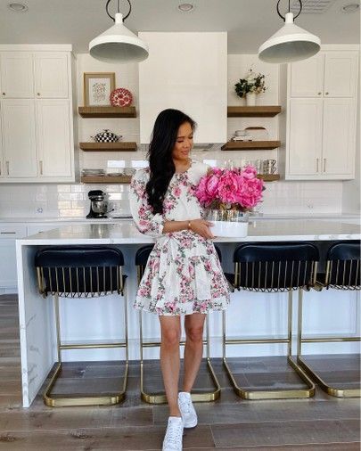 Wedding guest dress with heels or wear white sneakers for casual outfits. Love this floral long sleeves and romantic tiered look. Wearing size small. Also linking my kitchen decor as well. @liketoknow.it #liketkit http://liketk.it/2Vad9     #LTKwedding #LTKunder100 #LTKstyletip Black Leather Bar Stools, Style Inspiration Spring Summer, Happy Person, High Tops Sneakers, Wedding Guest Style, Leather Bar, Wedding Guest Outfit Summer, Style Inspiration Summer, Summer Dress Outfits