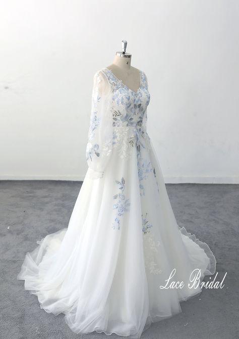 Puff Sleeve Wedding Dress Colorful Lace A-line Wedding Dress, Boho Wedding Gown - Etsy Howls Moving Castle Wedding Dress, Blue Floral Wedding Dress, Cottage Core Wedding Dress, Wedding Dress Colorful, Puff Sleeve Wedding Dress, Colored Wedding Gowns, Gaun Abad Pertengahan, Floral Wedding Gown, Dress Boho Wedding