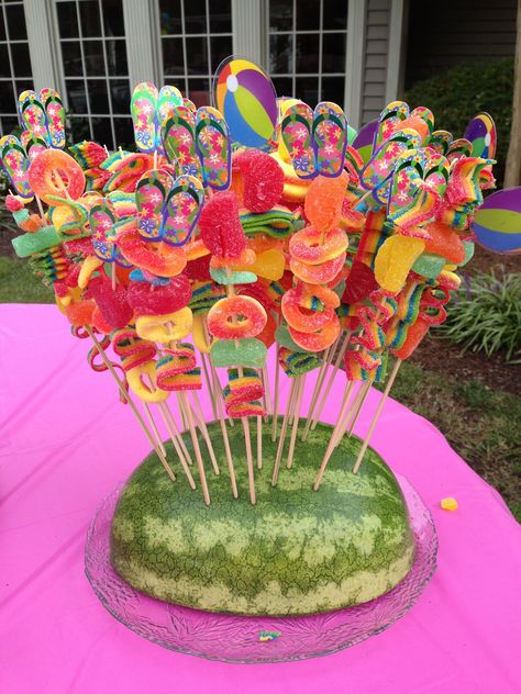 Cute Fruit Kabobs, Luau Party Candy Table Ideas, Cocomelon Snack Ideas, Bad Bunny Pool Party, Candy Skewers Kabobs Ideas, Fruit On Stick Ideas, 13 Birthday Pool Party Ideas, Tropical Snacks Party Ideas, Tropical Birthday Party Ideas For Kids