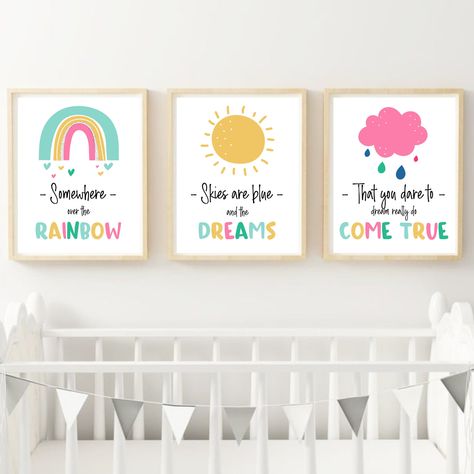 Somewhere Over the Rainbow Nursery Print Bright Set of Three Boho, Rainbows, Sunshine - Etsy Ireland Boho Rainbows, Baby Art Projects, Babies Room, Somewhere Over The Rainbow, Office Printers, Chore Chart Kids, Rainbow Nursery, Kids Frames, Kids Room Wall Art