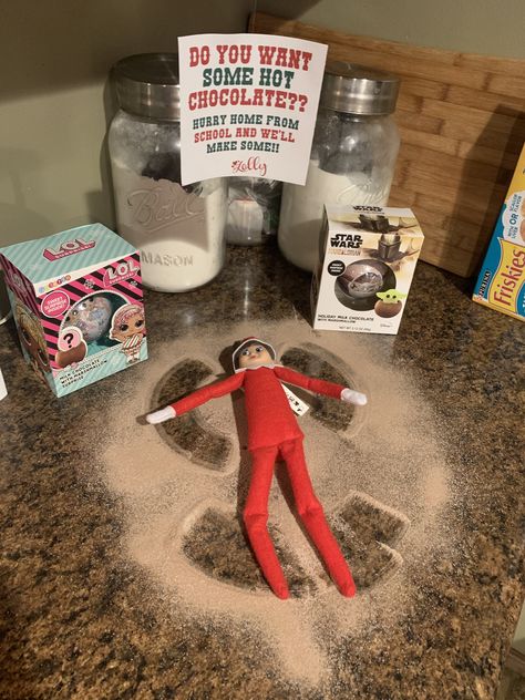 Elf On The Shelf Ideas Hot Cocoa Bomb, Hot Coco Elf Ideas, Elf On The Shelf Hot Cocoa Ideas, Hot Cocoa Elf On The Shelf, Elf On The Shelf Hot Chocolate Ideas, Elf On The Shelf Hot Chocolate, Elf On The Shelf Marshmallow Ideas, Elf Hot Cocoa, Christmas Cubicle