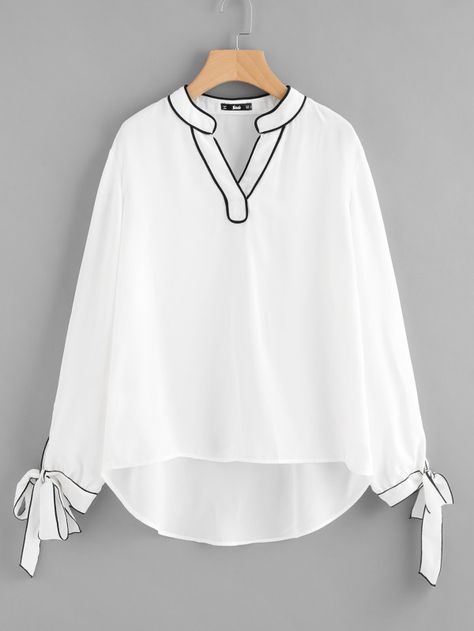 Shop Tipping Detail Bow Tie Cuff Blouse online. SheIn offers Tipping Detail Bow Tie Cuff Blouse & more to fit your fashionable needs. Tie Cuff Blouse, Girly Blouse, Áo Blu, Girly Tops, White Blouse, Mode Style, Kurti Designs, Fashion Tops, Simple Dresses