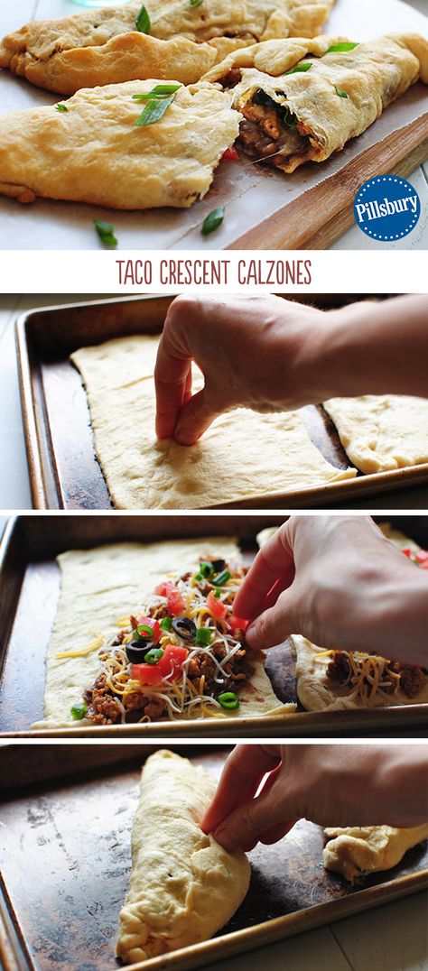 Yummy in your tummy! Taco Crescent Calzones have us craving the next weeknight for we're bound to make them. Simply fill the flaky crescent dough with your favorite taco ingredients like tomatoes, cheese, olives and beans then fold over the other side and bake. Taco Calzone Crescent Rolls, Taco Calzone Recipe, Taco Calzone, Pilsbury Recipes, Taco Ingredients, Crescent Roll Recipes, Crescent Dough, Crescent Roll, Crescent Rolls