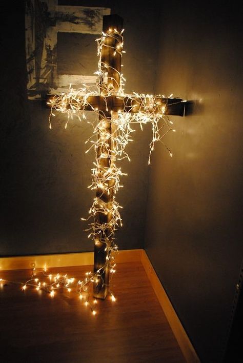 Christ centered Christmas decoration. Love this. Christ Centered Christmas Decorations, Church Christmas Decorations, Cross Christmas Tree, Diy Christmas Lights, Christ Centered Christmas, Christmas Church, Decorating With Christmas Lights, Church Decor, Christmas Love