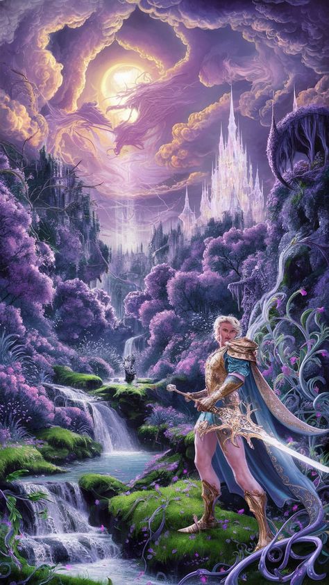 Step into a mystical realm where vibrant landscapes and fantastical creatures come alive! This fantasy art print features a towering crystal castle, bioluminescent flora, and a heroic figure with a shimmering sword. Experience the enchanting fusion of nature and legend in swirling hues of purple and gold. Perfect for fantasy art lovers, this print will elevate any space with its magical allure. #FantasyArt #EtherealArt #ArtPrints #MythicalCreatures Magical Forest Landscape, Ornate Armor, Mythical Art, Fantastical Creatures, Crystal Castle, Fairytale Fantasy, Forest Landscape, Magical Forest, Ethereal Art