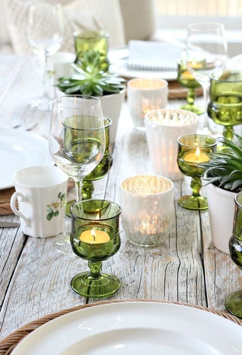 Eclectic Fall Tablescape with Vintage Green Glass Tea Light Holders and Mercury Glass Votives - Satori Design for Living Eclectic Tablescape, Vintage Glasswear, Green Tablescape, Napkin Folds, Mercury Glass Votives, Green Glasses, Glass Votives, Glass Goblets, Green Glassware