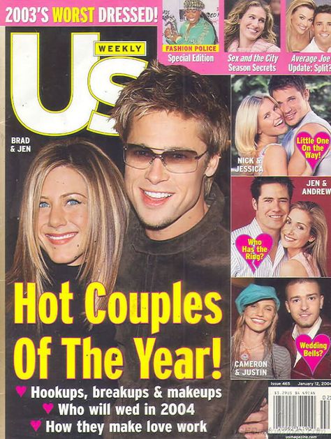 Jen And Brad, Nick And Jessica, Jd And Veronica, 2000s Magazines, 2000 Aesthetic, Brad And Jen, Yearbook Covers, Travel Poster Design, Y2k Party