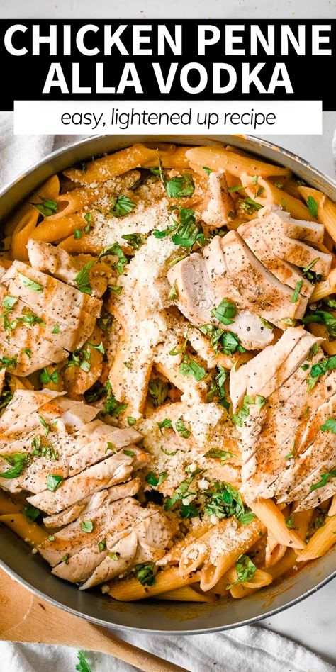 This healthier chicken penne alla vodka will knock your socks off! Tender penne pasta, creamy vodka sauce, and juicy and tender chicken create this delicious meal! Make this easy pasta recipe for a restaurant-quality, 30-minute weeknight dinner. This creamy pasta takes healthy comfort food to the next level! Vodka Pasta Recipe, Creamy Vodka Sauce, Pasta Alla Vodka, Chicken Sausage Pasta, Vodka Sauce Pasta, Easy Pasta Recipe, Pasta Creamy, Healthy Pasta Dishes, Gluten Free Recipes For Kids