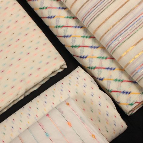 The cotton dobby butta & lurex stripes texture woven into fabric in multicolored hues. These multicolour dobby fabrics are used for soft furnishing and dresses.  Fabric codes: 4531419, 4453719, 4201419, 4776919, 4388019. Cotton Material Fabrics, Dobby Fabric, Cotton Saree Designs, Dobby Weave, Handloom Fabric, Golden Design, Tie Dye Diy, Wallpaper Abstract, Textile Pattern Design