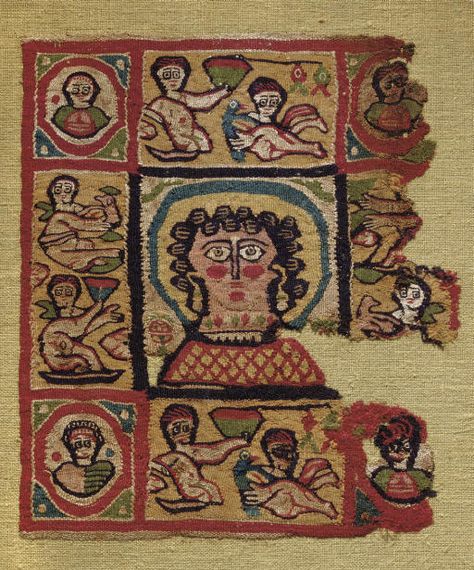 Coptic Textile Panel ~ Egypt ~ ca.6th century A.D. ~ Rectangular in form, centered by a haloed and rosy-cheeked female bust, wearing earrings and a necklace, with smaller busts within roundels in each corner panel, the side panels each with two Erotes, one holding a bird, and one holding a conical vessel, of linen and natural, red, blue, ochre, green and black wool. Coptic Egypt, Medieval Embroidery, Benaki Museum, Female Bust, Byzantine Art, Art Antique, Female Figure, Historical Art, Antique Textiles