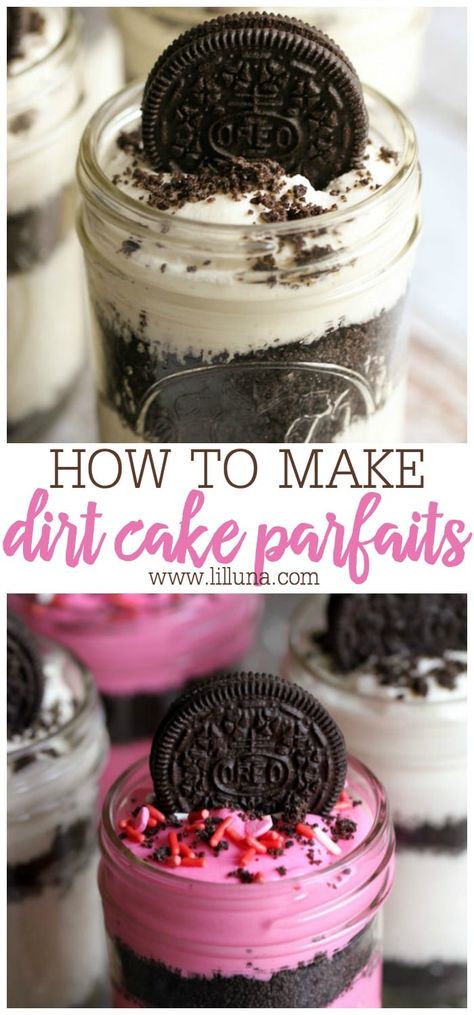 Dirt Cake Parfaits are just like a classic dirt cake, but in single servings made from alternating layers of crushed Oreos and a light cream filling. #dirtcakeparfaits #parfaits #dirtcake #oreos #dessert Valentine Dirt Cups, Cupcake Parfait Cups, Single Serve Birthday Desserts, Cake Parfait Cups, Cake In Cups Ideas, Dirt Cakes, Oreos Dessert, Dirt Cake Cups, Cake Parfait