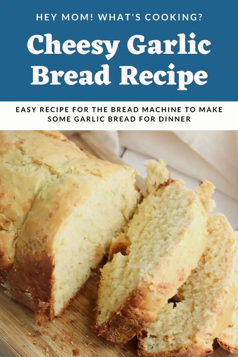 Easy cheesy garlic bread recipe to make in the bread machine. This delicious bread is perfect for serving for dinner with pasta, soups or casseroles. Bread Machine Garlic Cheese Bread, Bread Machine Garlic Bread Recipe, Bread Machine Garlic Bread, Cheese And Garlic Bread, Breadmaker Recipes, Bread Machine Recipes Sweet, Pasta Soups, Cheesy Bread Recipe, Cheesy Garlic Bread Recipe