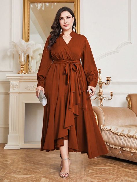 Burnt Orange Casual Collar Long Sleeve Woven Fabric Plain A Line Embellished Non-Stretch  Women Plus Clothing Burnt Orange Plus Size Dress, Orange Bridesmaid, Orange Bridesmaid Dresses, Orange Dresses, Color Blocking Outfits, Dress Attire, Vestido Plus Size, Burnt Orange Color, Brown Dress