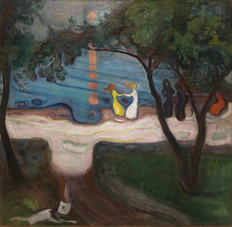 Dancing on a Shore by Edvard Munch via DailyArt mobile app Dance On The Beach, Modern Graphic Art, Edvard Munch, Post Impressionism, Beach Landscape, Gustav Klimt, Painting Edges, Pablo Picasso, Famous Artists