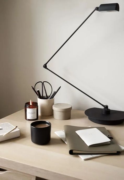 Minimalist desk styling with candle, black table tamp and beige ceramic storage pots | A home-office revamp with an IKEA desk hack | These Four Walls blog Ikea Desk Accessories, Minimalist Desk Accessories, Aesthetic Desk Calendar, Minimalist Desk Decor Ideas, Black And Beige Office, Office Desk Styling, Desk Styling Ideas, Black Desk Decor, Black Desk Aesthetic