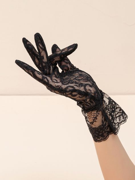 Black    Polyester Floral Full Finger Gloves Embellished   Women Accessories Black Hand Gloves Aesthetic, Gloved Hands Aesthetic, Hand Gloves Aesthetic, Black Gloves Aesthetic, Fantasy Gloves, Aesthetic Gloves, Net Gloves, Gloves Aesthetic, Black Lace Gloves