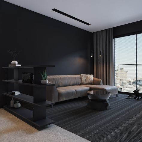 Dark Apartment Interior Design Dark Apartment Interior, Dark Minimalist Apartment, Dark Apartment, Apartment Design Inspiration, Black Interiors, Black Bedroom Decor, Home Decor Wallpaper, Dark Living Rooms, Grey Interior Design