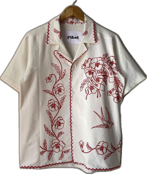 Linoprint Clothes, Floral Embroidered Shirt, Simple Hand Embroidery Patterns, Trendy Shirt Designs, Vibe Clothes, Clothing Details, Shirt Embroidery, Fashion Attire, Streetwear Men Outfits