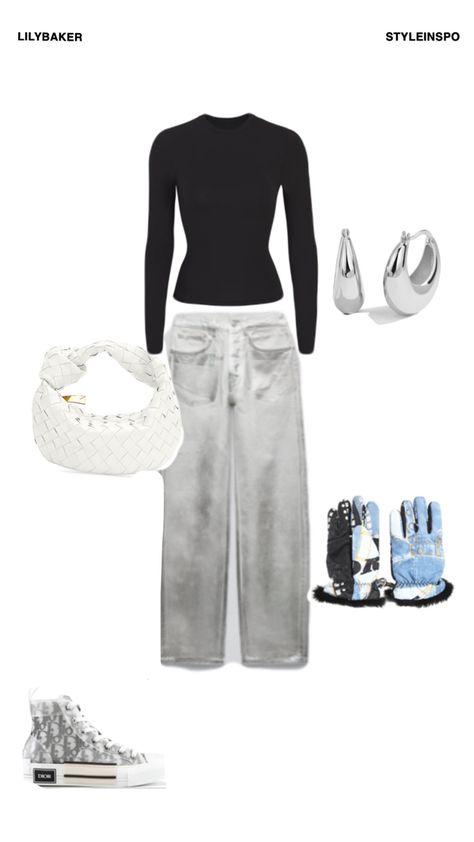 outfit inspo, dior gloves, winter outfit, bottega mini jodie, dior converse, zara jeans, silver pants, zara silver jeans, silver hoops, white bag, skims shirt, fashion Zara Silver Jeans, Silver Converse Outfit, Gloves Winter Outfit, Dior Gloves, Bottega Mini Jodie, Dior Converse, Silver Converse, Mini Jodie, Silver Pants