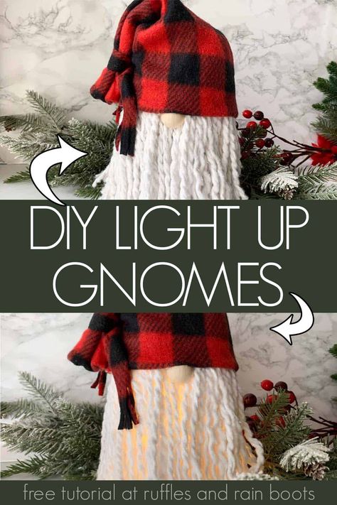 Light Up Gnome Tutorial, Lighted Christmas Gnomes Diy, Christmas Craft Gnomes, Vase Gnomes, Dollar Tree Gnomes With Mop, Glowing Gnomes Diy, Lighted Gnomes Diy, Diy Light Up Gnomes, Gnome Mason Jars Diy