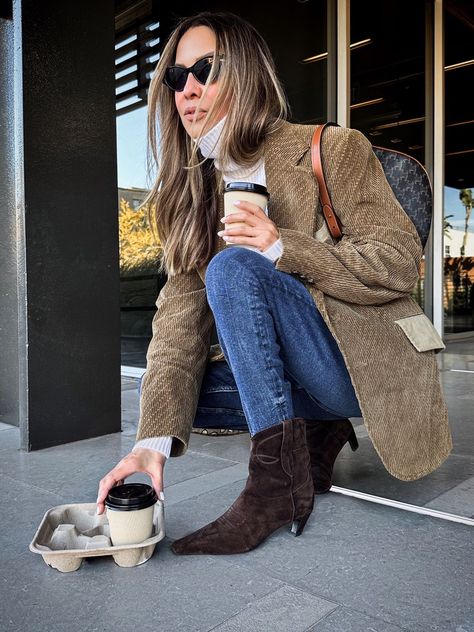 Heel suede ankle boot - Women curated on LTK Suede Boots Outfit Ankle, Suede Ankle Boots Outfit, Ankle Cowboy Boots Outfit, Cowboy Boots Outfit, Ankle Cowboy Boots, Checked Blazer, Drink Coffee, Blazer Outfits, Suede Ankle Boots