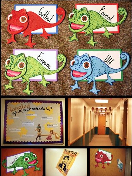 Rapunzel Bulletin Board Ideas, Tangled Door Decoration, Tangled Hallway Decorations, Tangled Door Decs, Tangled Girls Camp Theme, Tangled Decorations, Ra Door Decs Inside Out, Tangled Prom, Dorm Name Tags