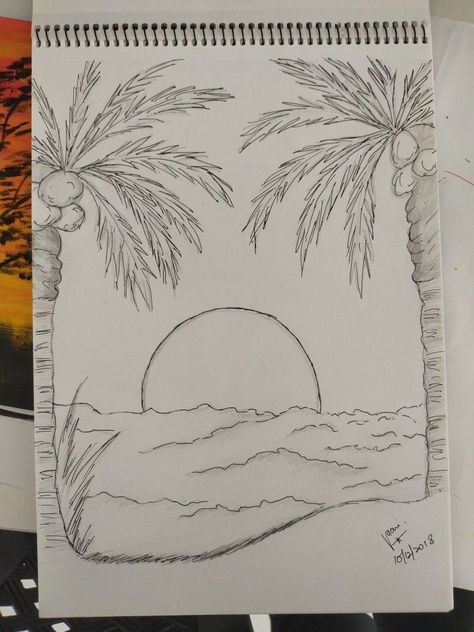 Drawing Of The Beach Pencil, Drawing Of Beach Scene, Simple Drawing Nature, Lazy Sketch Drawings, Cool Things To Draw Aesthetic, Simple Beach Scene Drawing, Drawing Of Outside, Beach Seen Drawing, Drawing Ideas Beach Scene