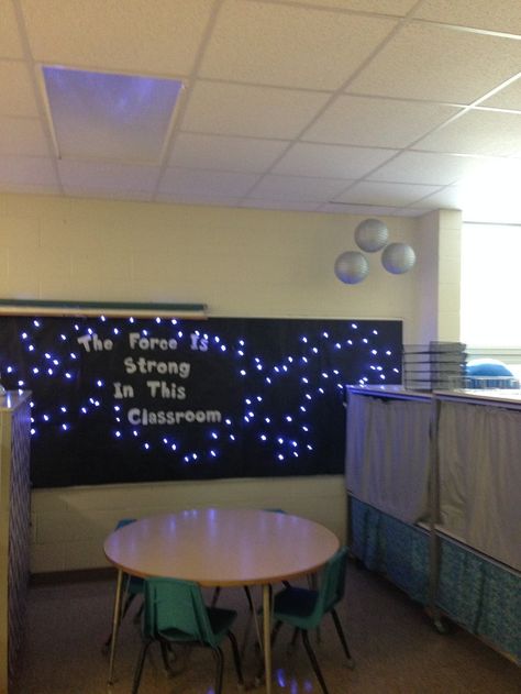 Space Theme Office Decor, Starry Night Classroom Theme, Star Wars Themed Bulletin Boards, Out Of This World Classroom Theme, Star Wars Classroom Door, Constellation Classroom Decor, Galaxy Classroom Theme, Galaxy Bulletin Board, Star Wars Classroom Theme Bulletin Boards