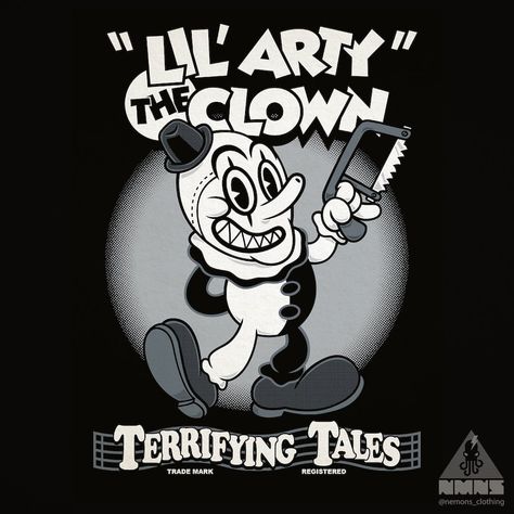 Nemons (@nemons_clothing) • Instagram photos and videos Terrifier Movie Poster, Terrifier 2 Wallpaper, Art The Clown Terrifier Drawing, Cartoon Horror Characters, Horror Characters Drawings, Terrifier Poster, Rubber Hose Art, Terrifier Wallpaper, Vintage Cartoon Art