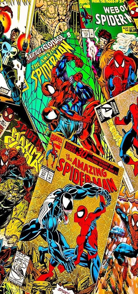 Comic Book Collage Spiderman Wallpaper Iphone, Book Cover Collage, Comic Book Wallpaper, Marvel Iphone Wallpaper, Spiderman Comic Books, Tumblr Pattern, Wallpaper Marvel, Spiderman Wallpaper, Iphone Wallpaper Cat