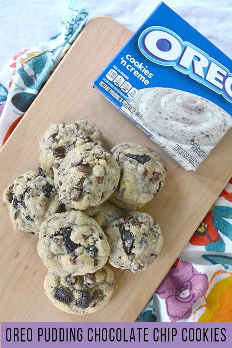 Oreo Pudding Chocolate Chip Cookies - I am a Honey Bee Chocolate Chip Cookie Recipe With Pudding, Oreo Pudding Cookies, Pudding Chocolate Chip Cookies, Pillow Cookies, Soft Batch Cookies, Soft Batch, Pudding Cookies Recipes, Oreo Cookie Recipes, Oreo Stuffed Chocolate Chip Cookies