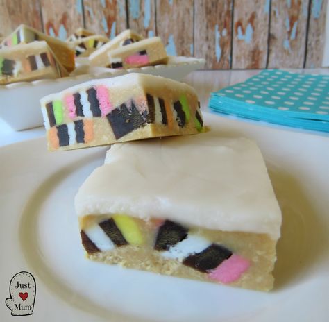 Just A Mum's No Bake Licorice Allsort Slice No Bake Slice, Licorice Cake, Licorice Allsorts, Sweet Slices, Christmas Baking Easy, Butter Shortbread Cookies, No Bake Slices, Liquorice Allsorts, Slow Cooker Desserts